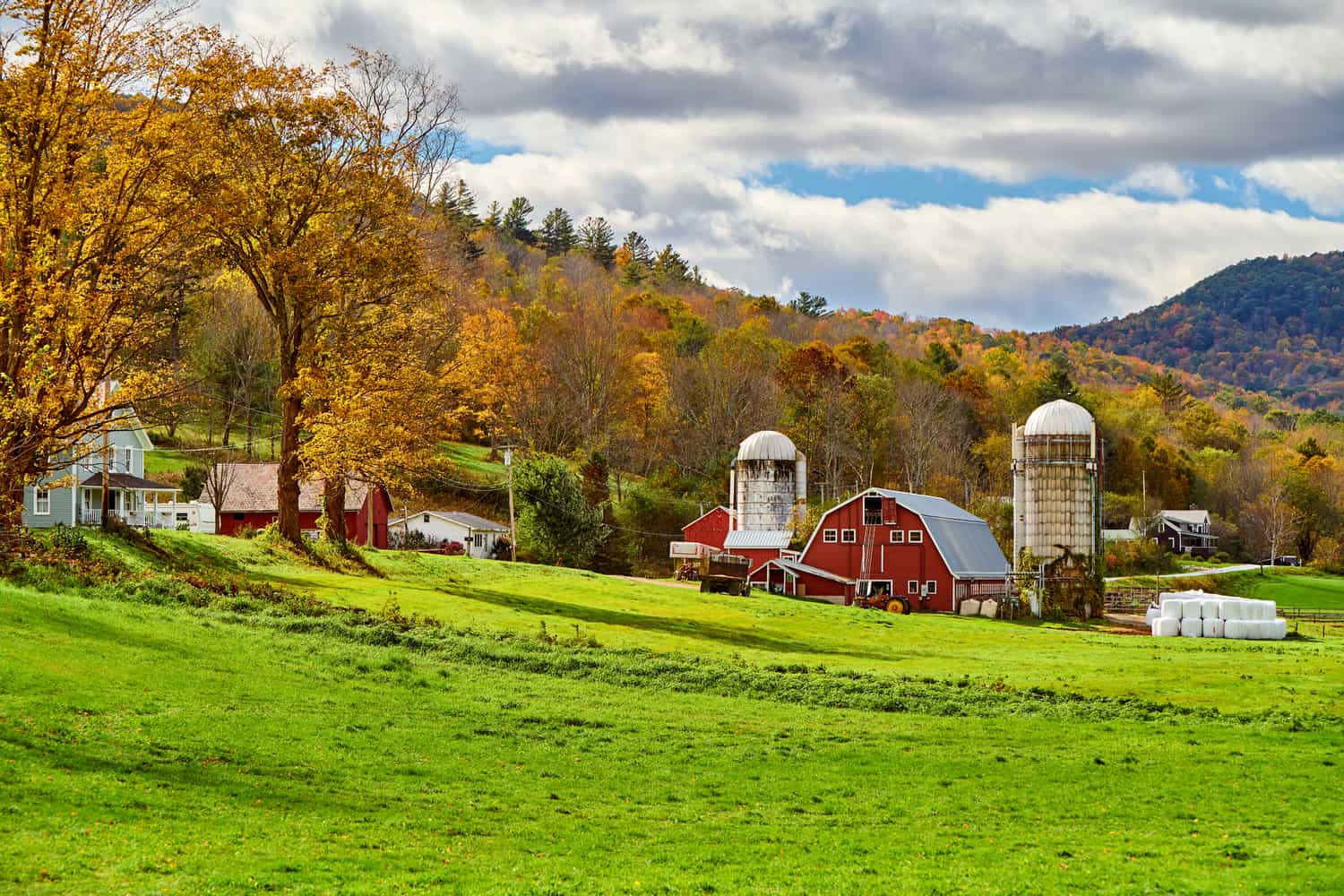 Farm with red barn and silos